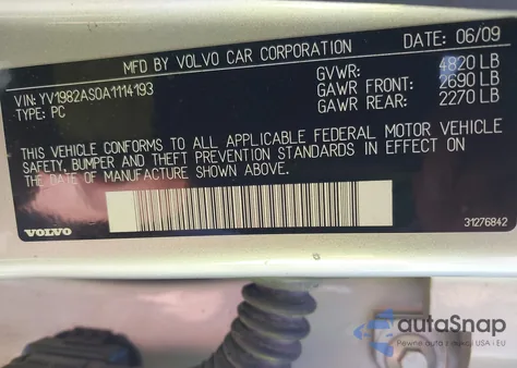 2010 Volvo S80 3.2 from USA, damaged, VIN YV1982AS0A1114193